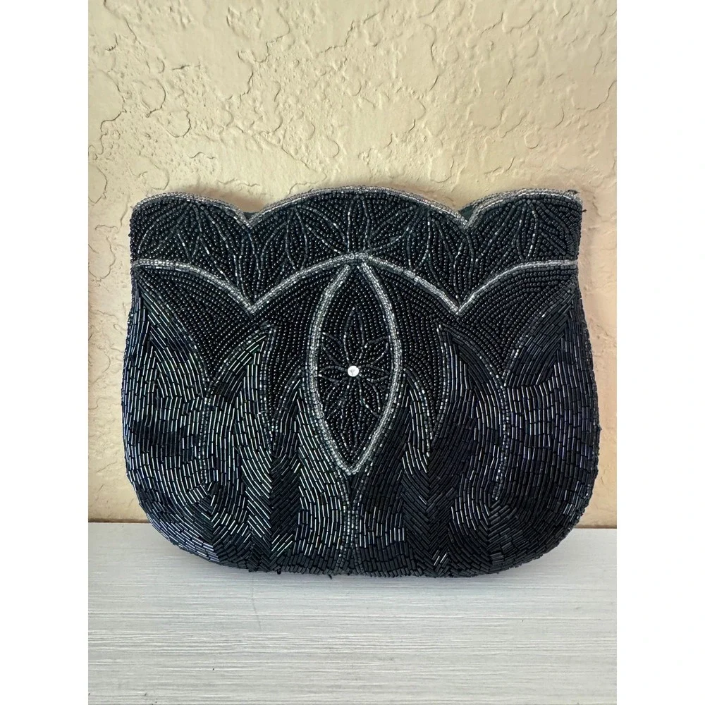Vintage Black Beaded Clutch Evening Bag Art Deco Style Handbag Scalloped Floral - Picture 1 of 8